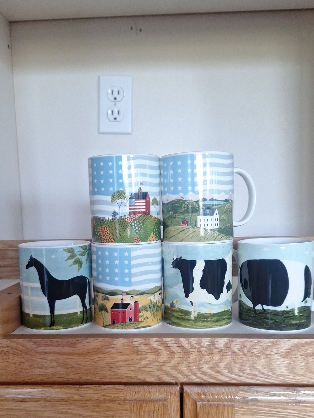 6 Gibson Farmhouse Animal & Landscape Ceramic Mug Set - Light Blue Black Cream